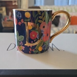 Anthropologie Navy Floral Monogram Mug with Gold Handle